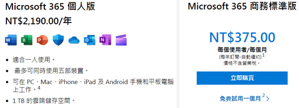 Microsoft 365的訂閱費用